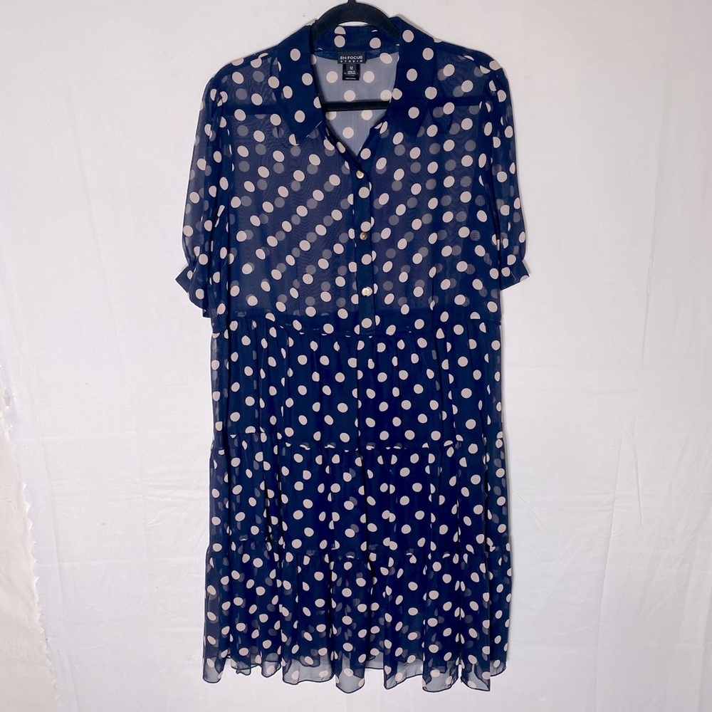 En Focus Studio Navy Blue White Semi Sheer Polkadot Button Up Dress 12